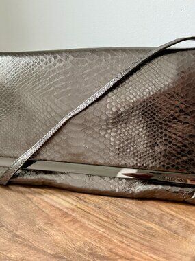 Michael Kors Tilda Metallic Gunmetal Snakeskin Embossed Leather Clutch